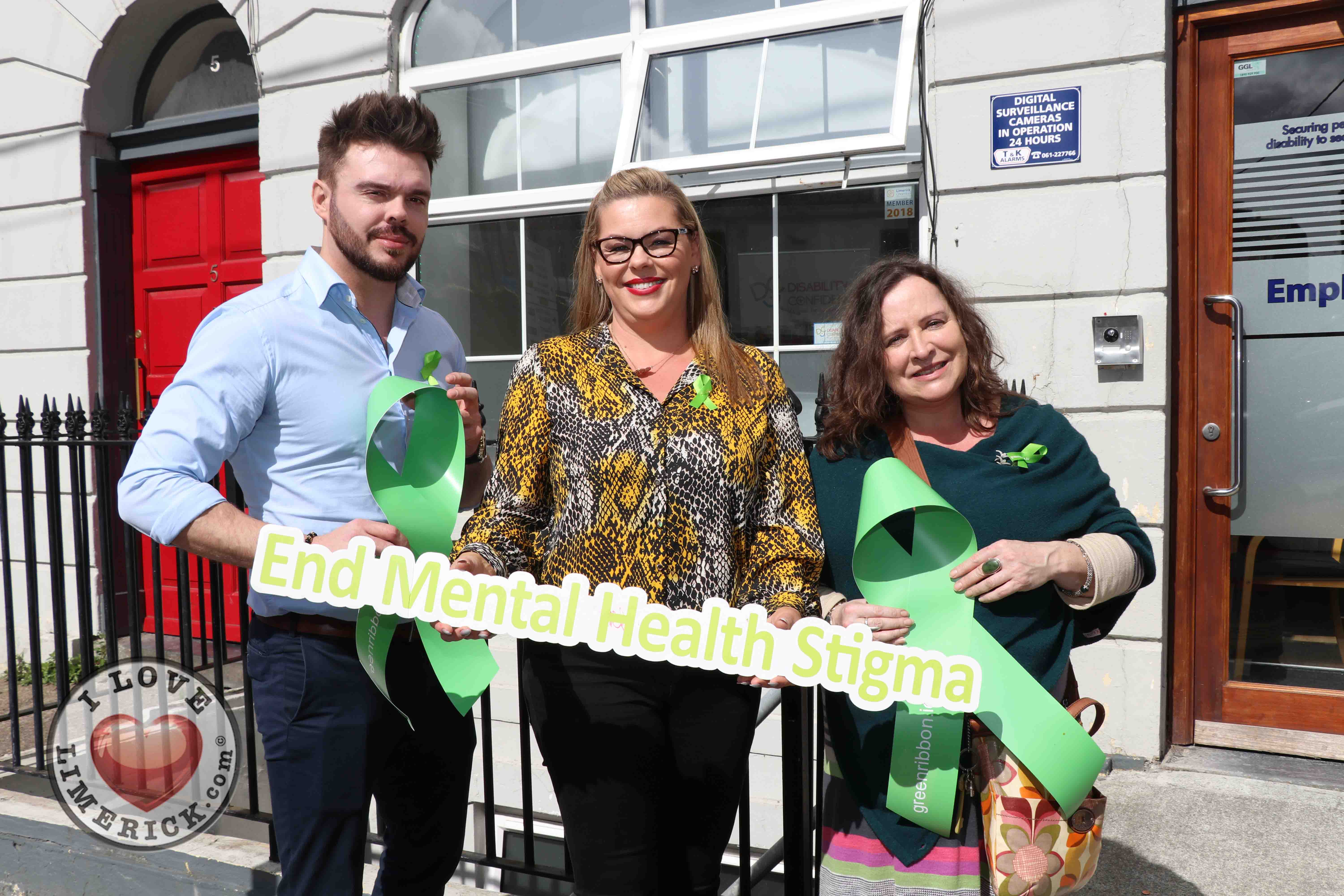 Pictured at the EmployAbility Limerick Office for the launch of the upcoming Green Ribbon campaign and 'Time to talk' day on Tuesday May 7th are Patrick McLoughney, Social Media Influencer, Ursula Mackenzie, EmployAbility Limerick, and Amanda Clifford, A.B.C for Mental Health. Picture: Conor Owens/ilovelimerick.