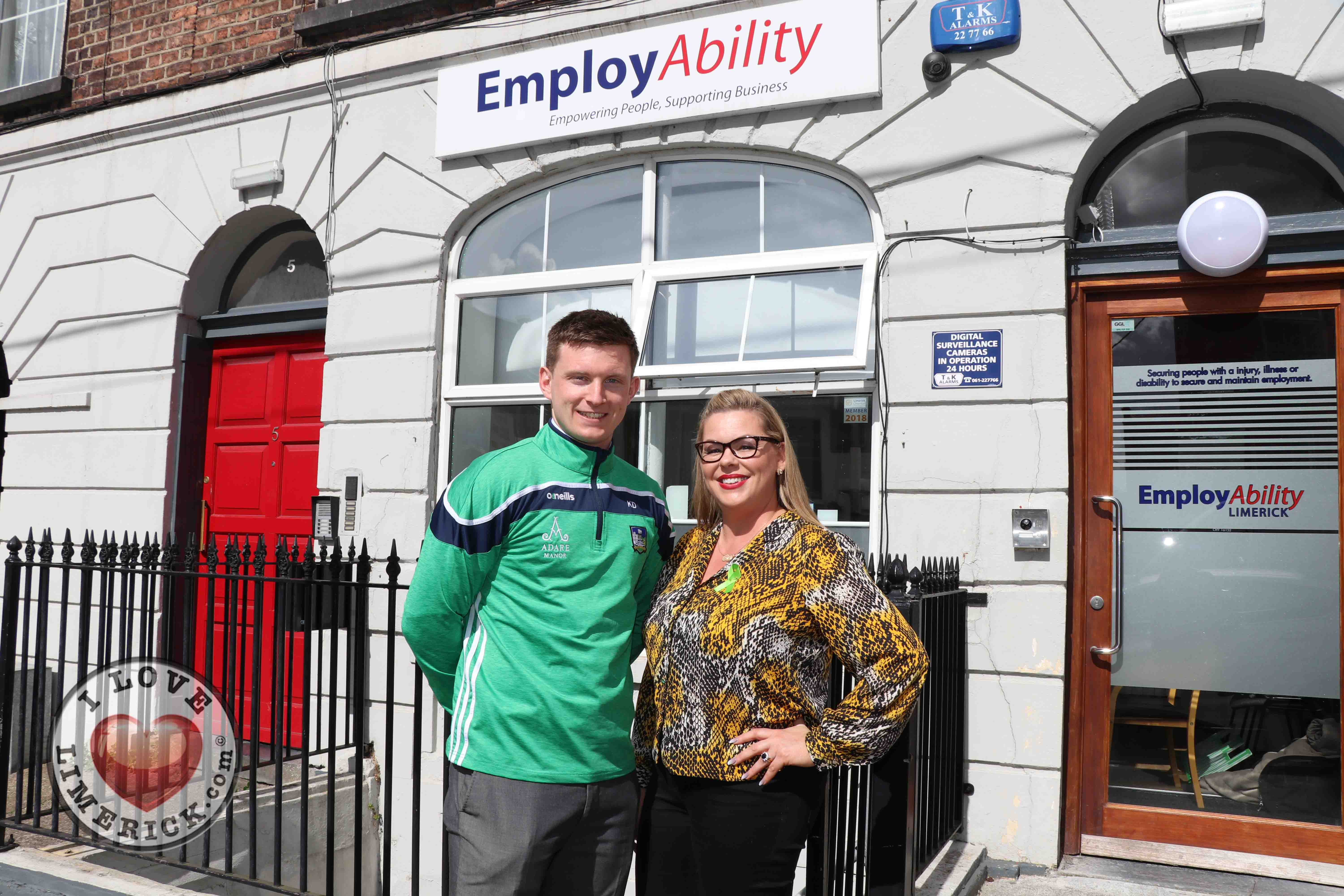 Pictured at the EmployAbility Limerick Office for the launch of the upcoming Green Ribbon campaign and 'Time to talk' day on Tuesday May 7th are Kevin Downes, Limerick Senior hurler, and Ursula Mackenzie, EmployAbility Limerick. Picture: Conor Owens/ilovelimerick.