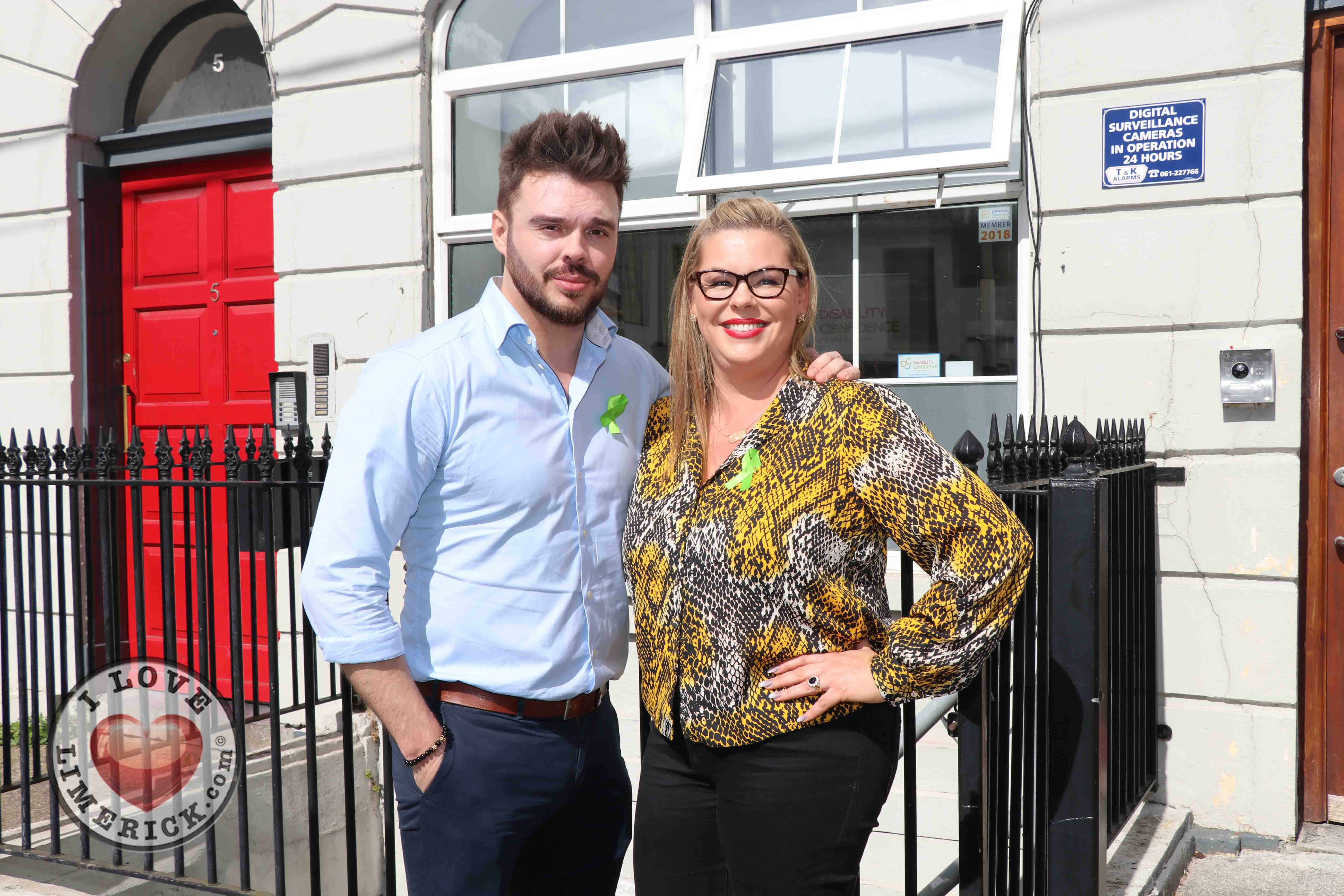 Pictured at the EmployAbility Limerick Office for the launch of the upcoming Green Ribbon campaign and 'Time to talk' day on Tuesday May 7th are Patrick McLoughney, Social Media Influencer, Ursula Mackenzie, EmployAbility Limerick. Picture: Conor Owens/ilovelimerick.